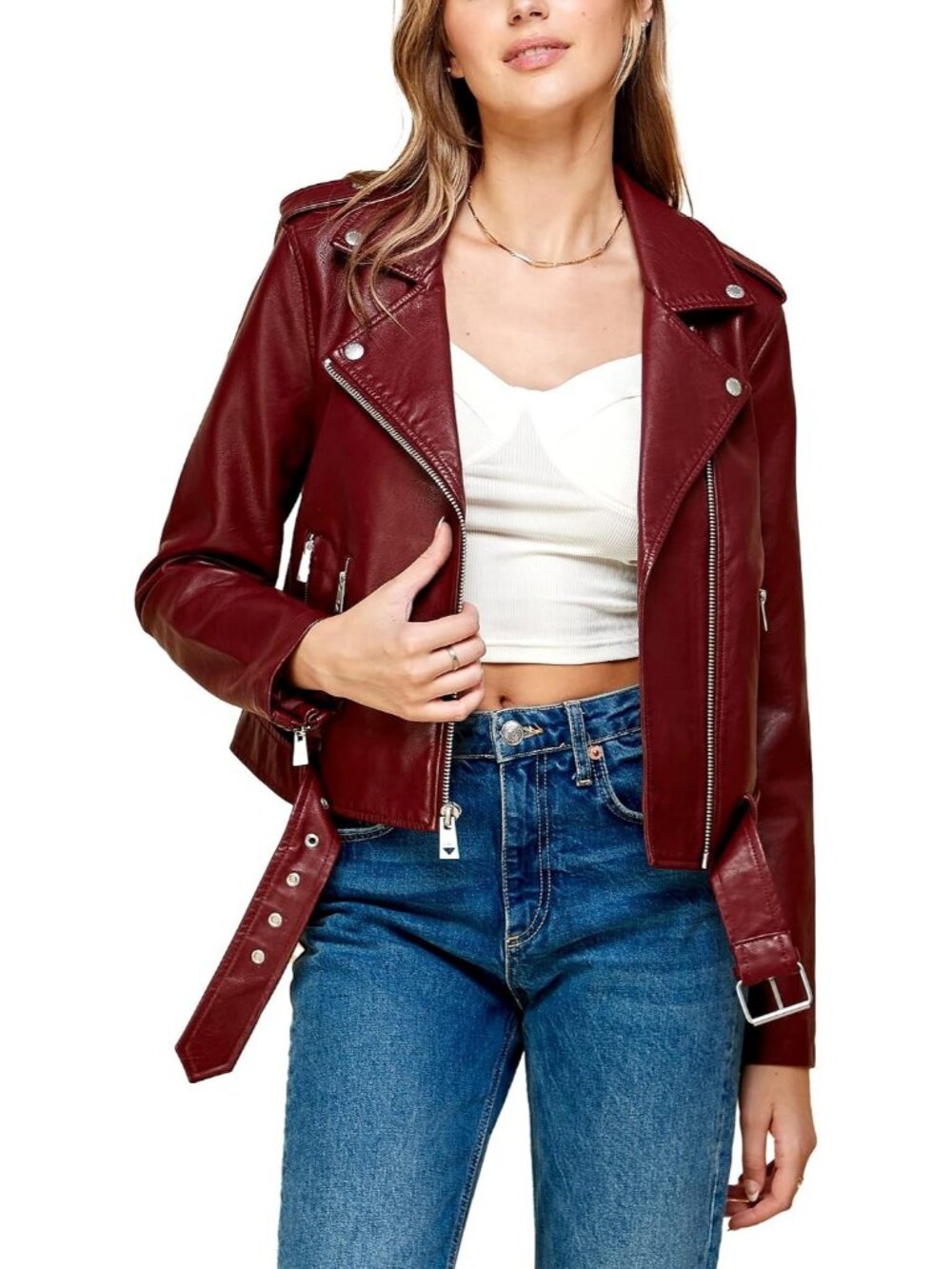 Women's Wjc1849_Wine Faux Leather Zip Up Moto Biker Jacket With Stitching Detail